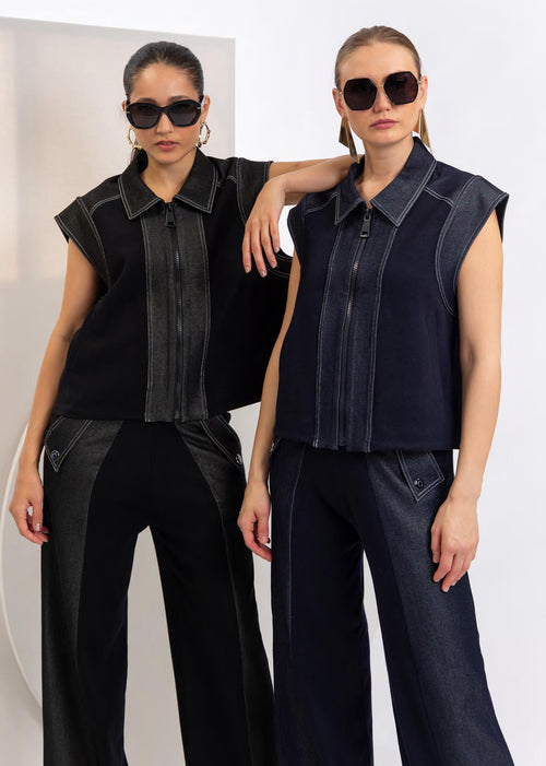 CST-F2603 BLACK RIB SHINY COLLAR VEST