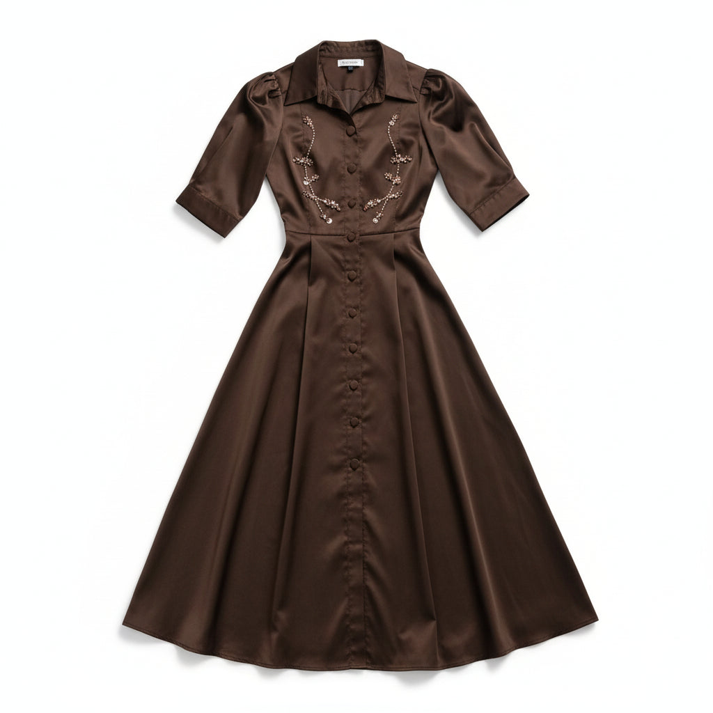 BRZ-88511 BROWN TAFFETA BEADED DRESS