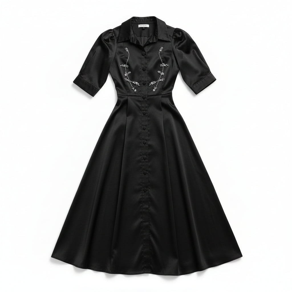 BRZ-88511 BLACK TAFFETA BEADED DRESS