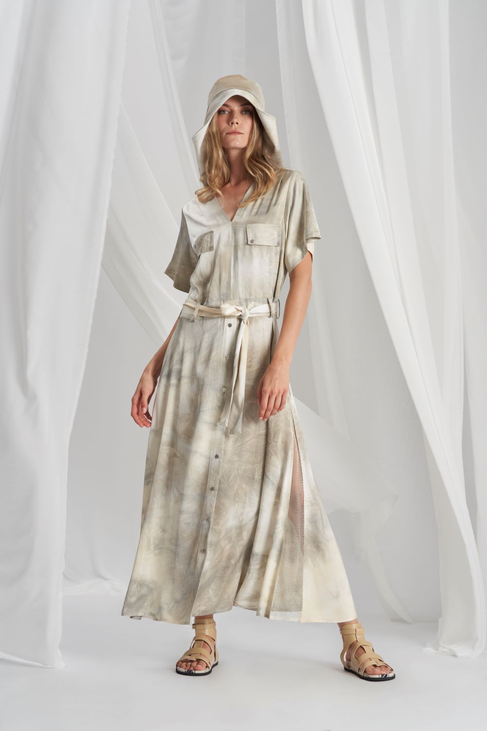 TRC-B406 MARBLE PRINT SATIN DRESS