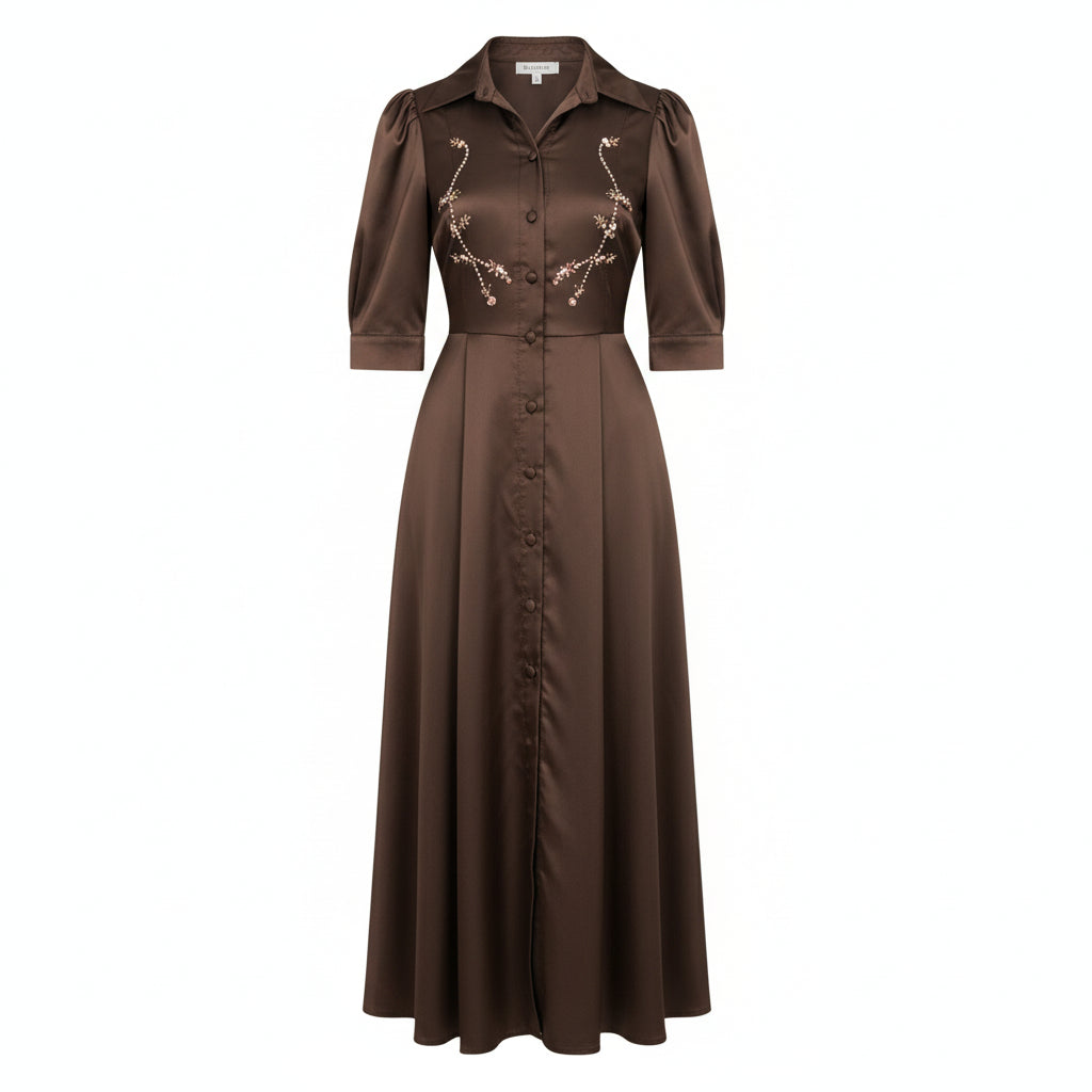 BRZ-88511 BROWN TAFFETA BEADED DRESS
