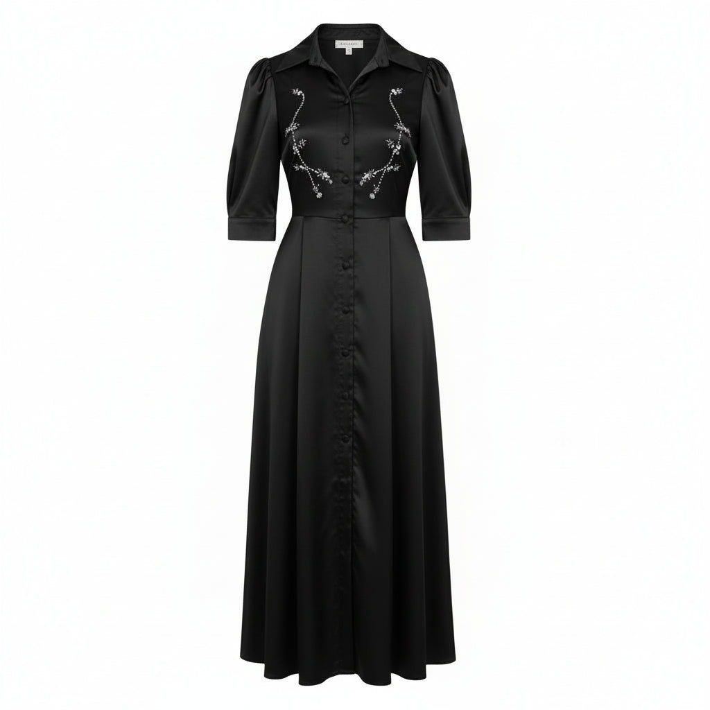 BRZ-88511 BLACK TAFFETA BEADED DRESS