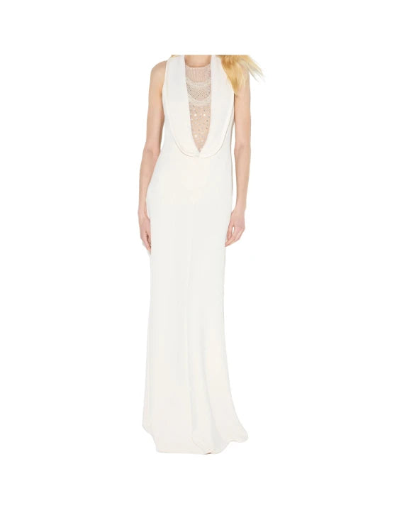 ELS-ABR1667 IVORY EMBROIDERIES CREPE DRESS