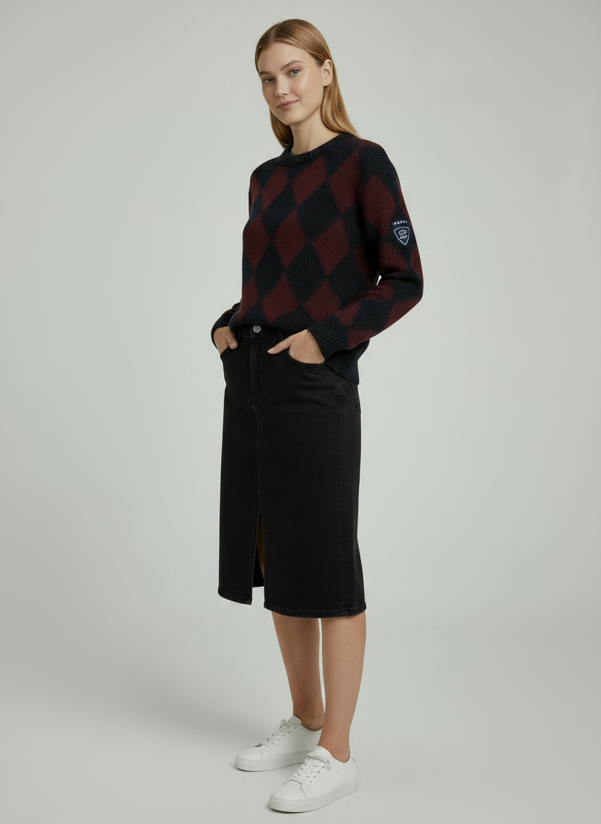 PAR-T563 NAVY ARGYLE KNIT TOP