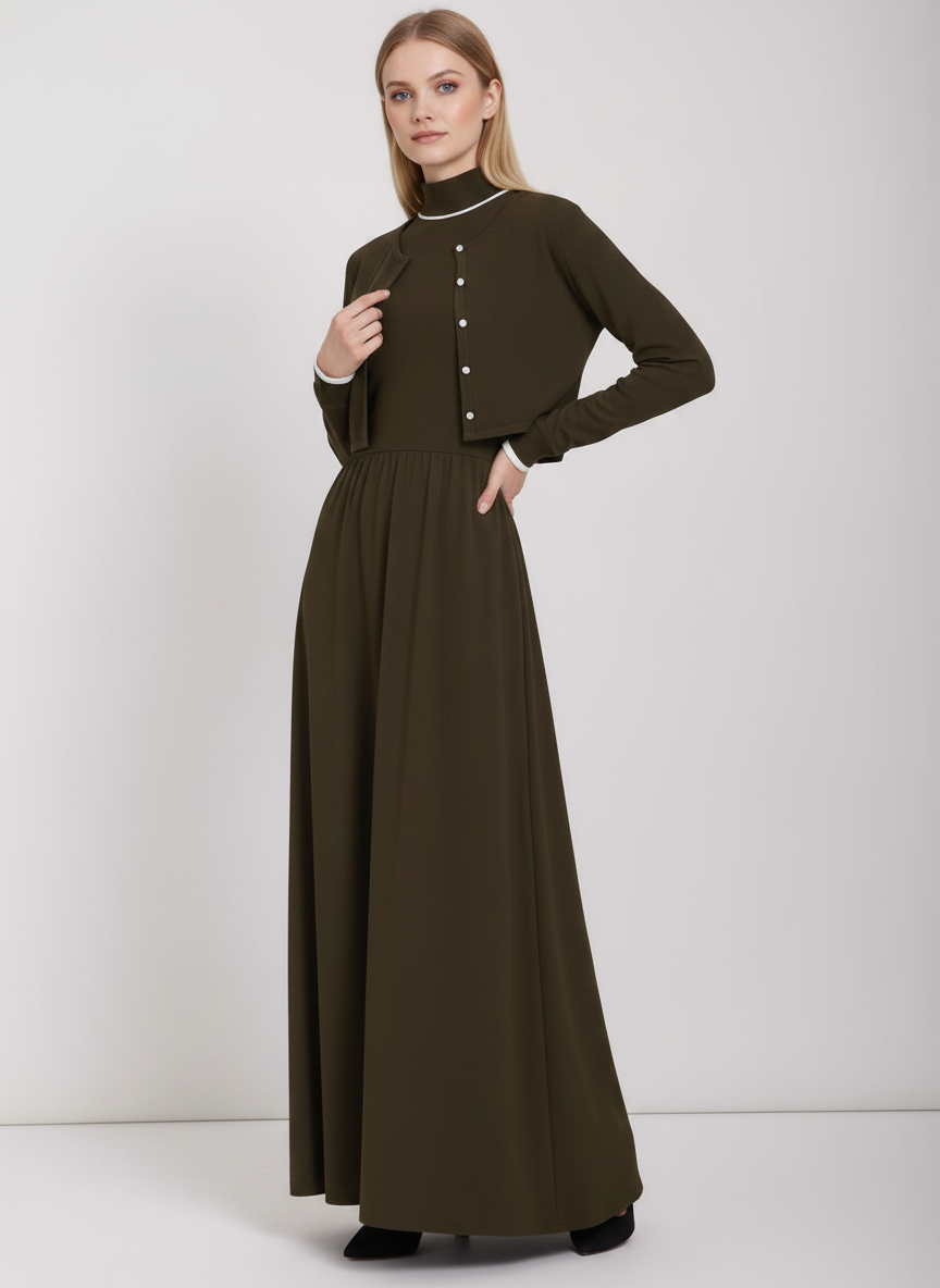 PAR-D550 BROWN TURTLENECK CARDI DRESS