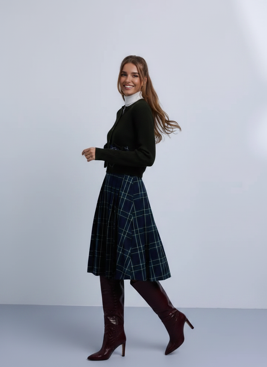 NOI-NR524A BLACK ASYMMETRIC TARTAN PLEAT SKIRT