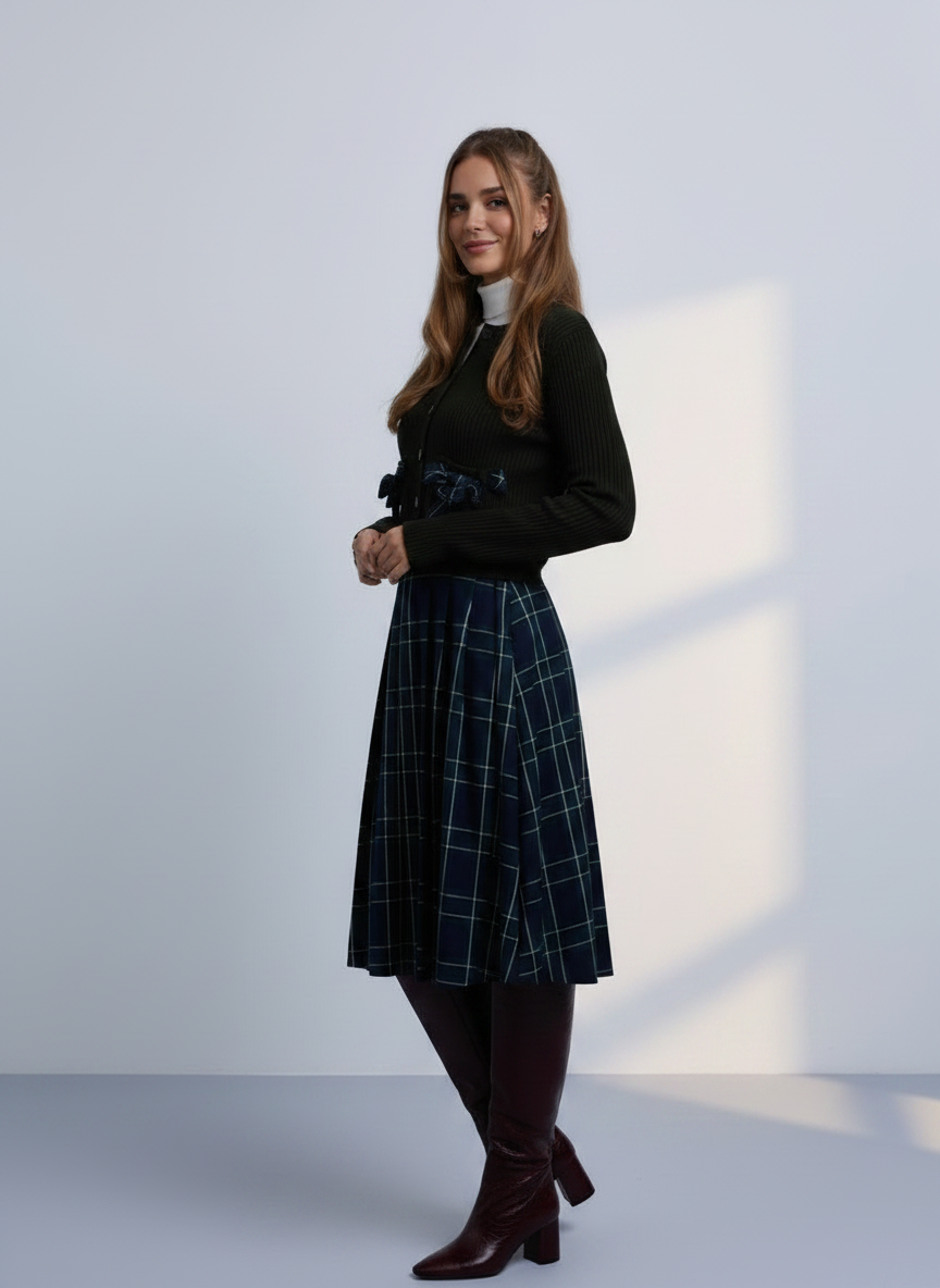 NOI-NR524A BLACK ASYMMETRIC TARTAN PLEAT SKIRT