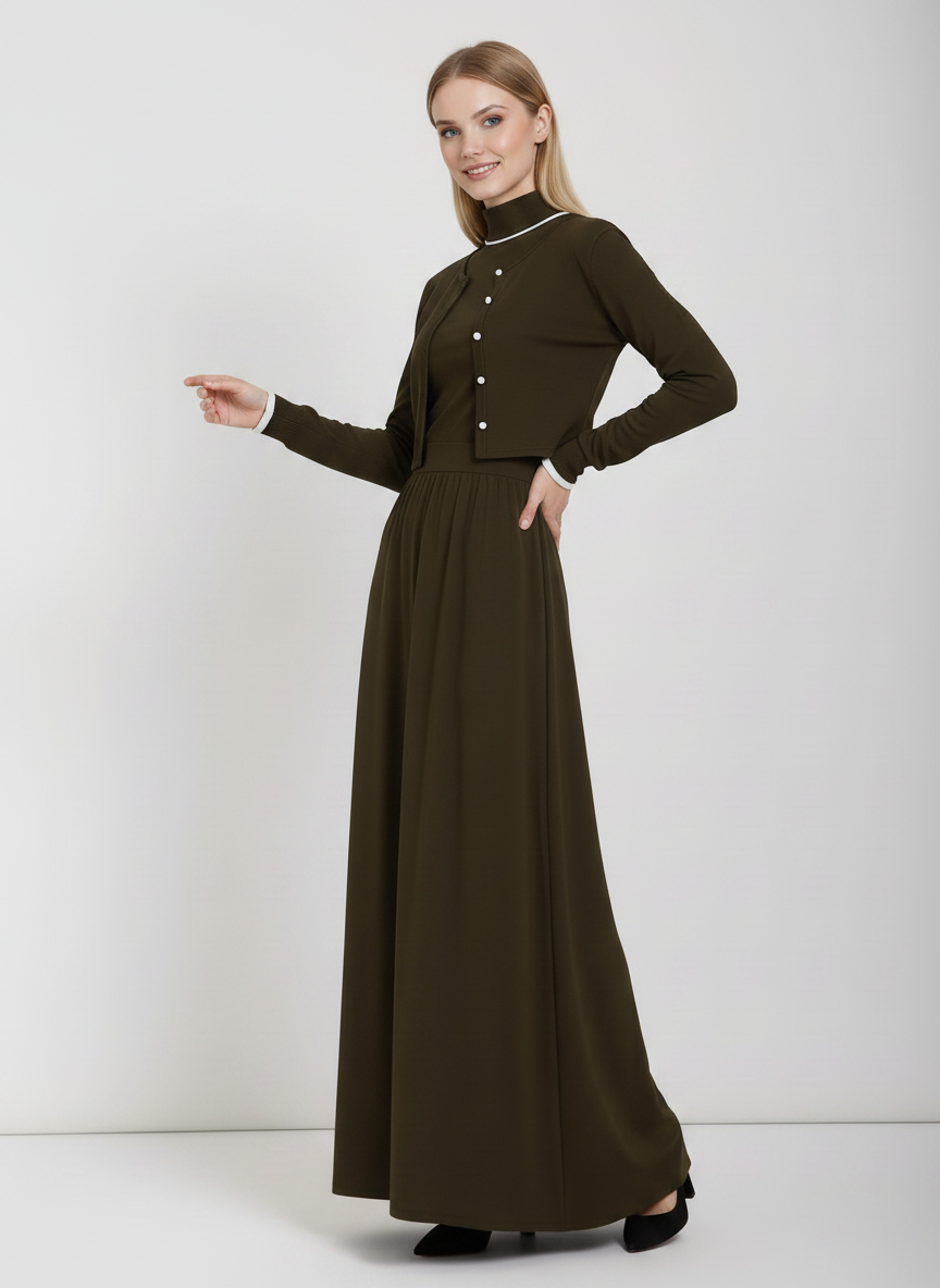PAR-D550 BROWN TURTLENECK CARDI DRESS