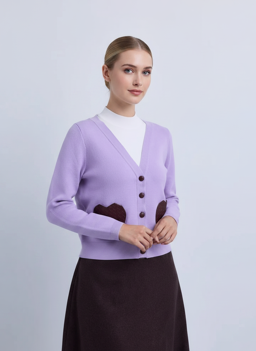 NOI-CH347 LILAC HEART POCKETS CARDIGAN