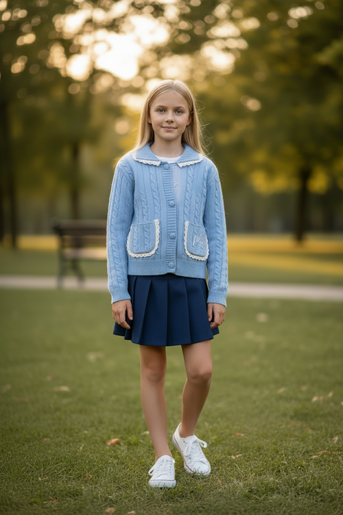 PHK-I9H802 BLUE CABLE KNIT TRIMMED CARDIGAN