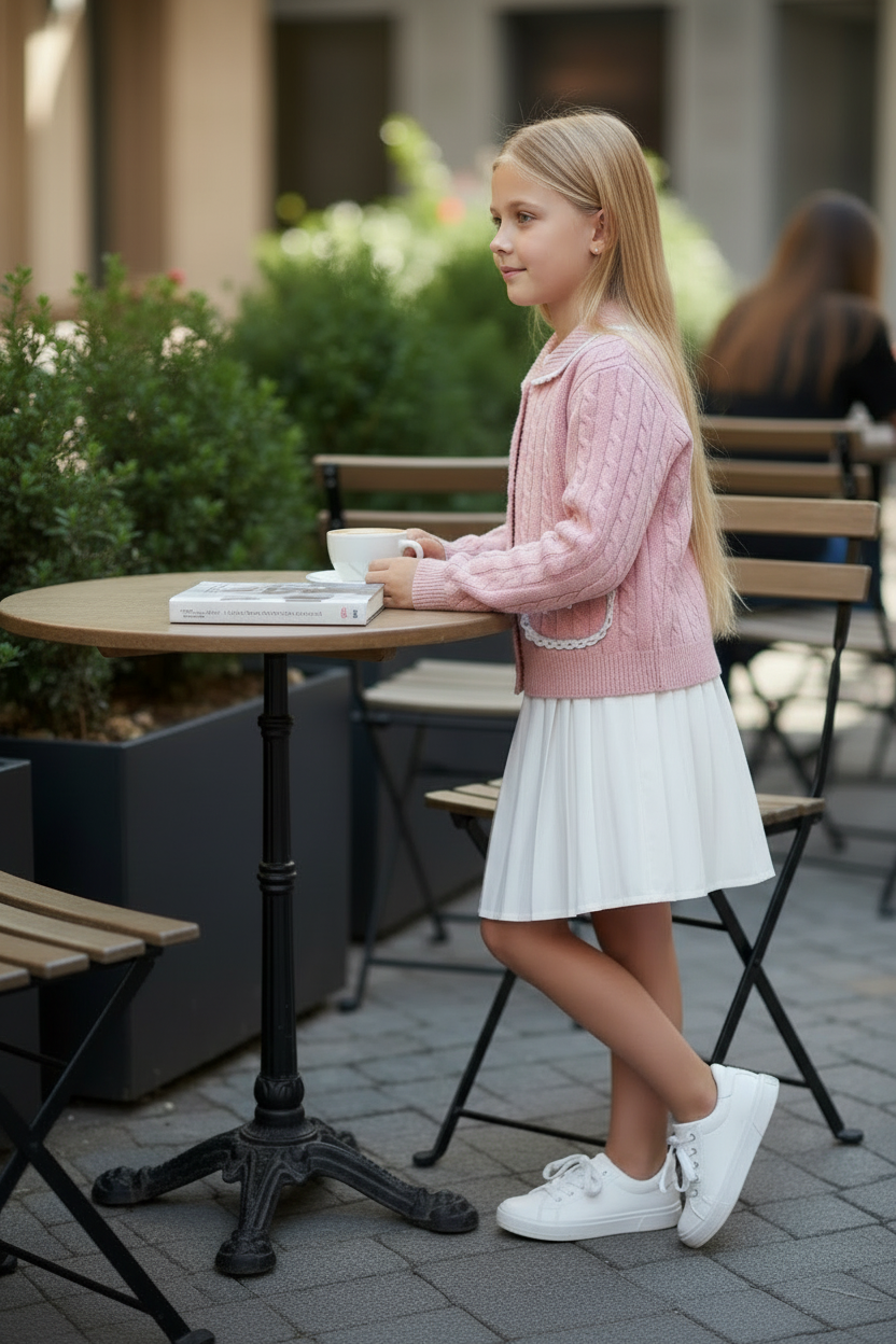 PHK-I9H802 PINK CABLE KNIT TRIMMED CARDIGAN