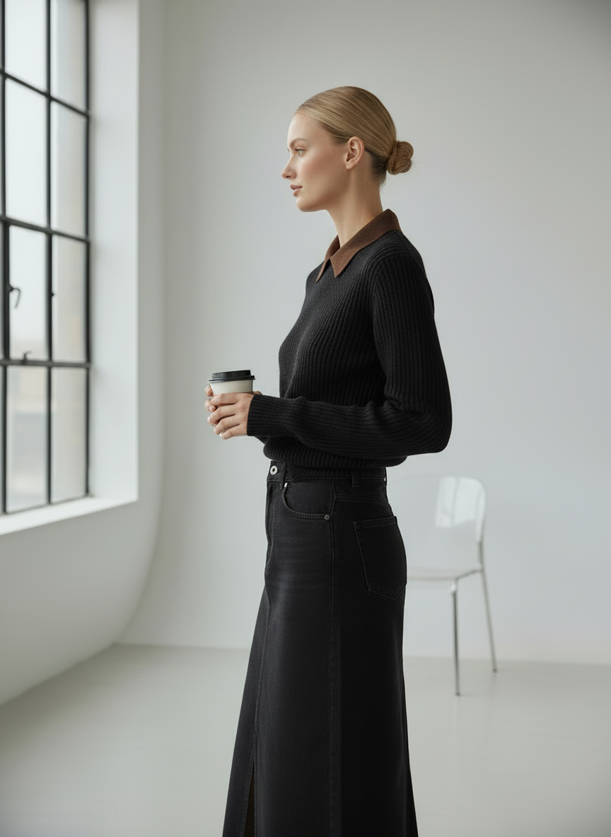 PAR-T564 BLACK CORDUROY COLLAR TOP