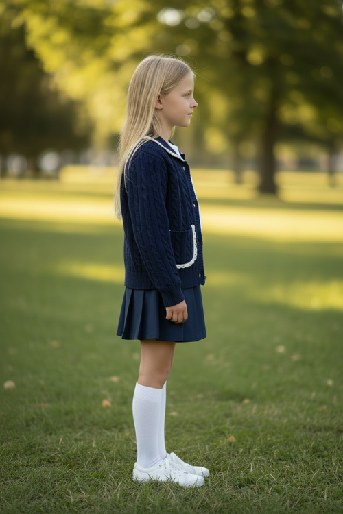 PHK-I9H802 NAVY CABLE KNIT TRIMMED CARDIGAN