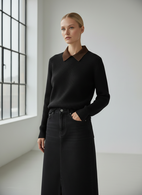 PAR-T564 BLACK CORDUROY COLLAR TOP
