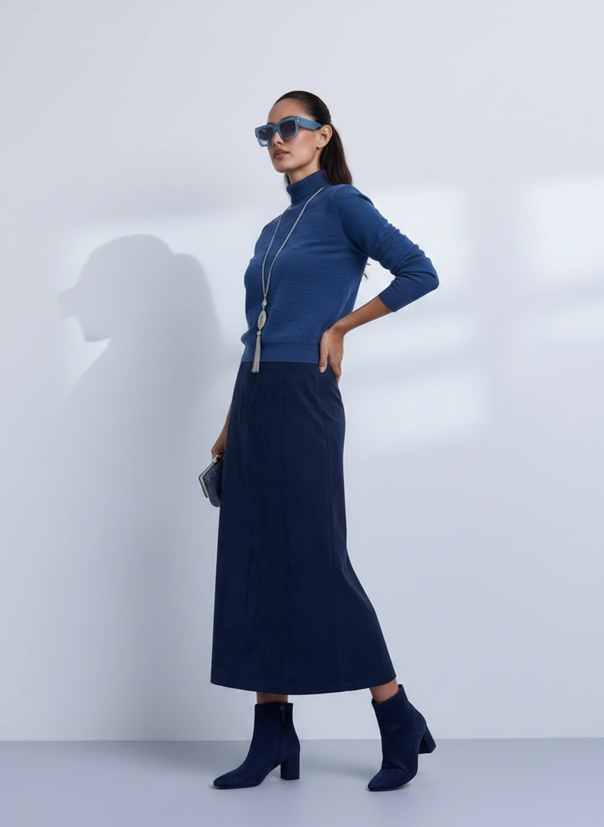 NOI-NR531S NAVY STRAIGHT SUEDE SKIRT