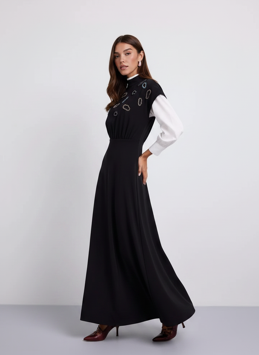 NOI-2500 BLACK&MULTI BEADED DETAILS DRESS