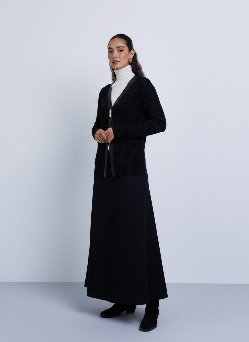 NOI-CH346 BLACK LEATHER TRIM RIB CARDIGAN