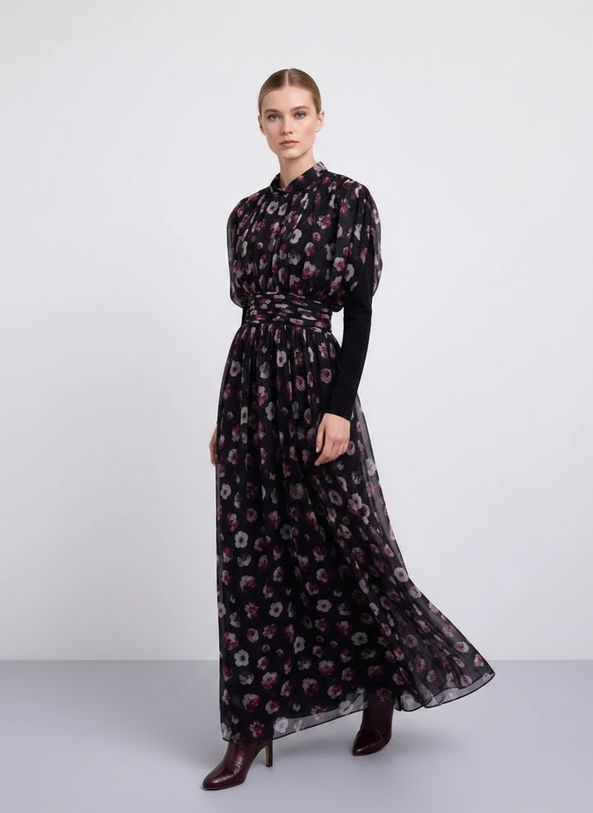 NOI-2510 FLORAL PRINT WAISTED DRESS