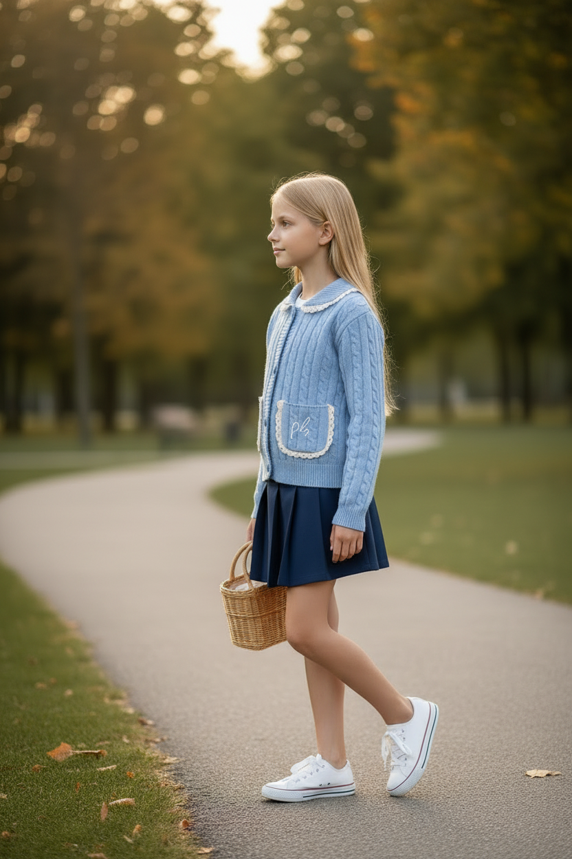 PHK-I9H802 BLUE CABLE KNIT TRIMMED CARDIGAN