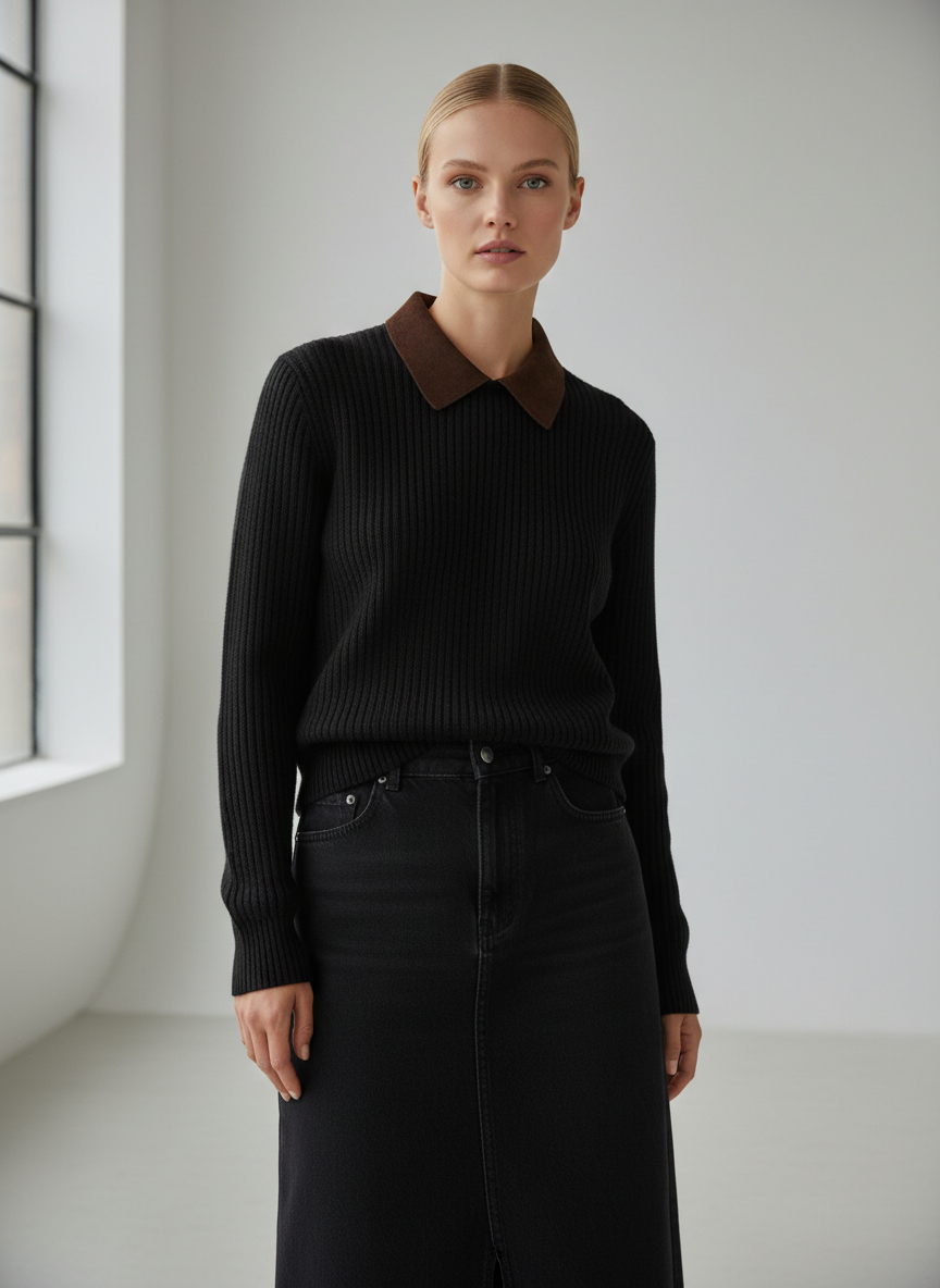 PAR-T564 BLACK CORDUROY COLLAR TOP