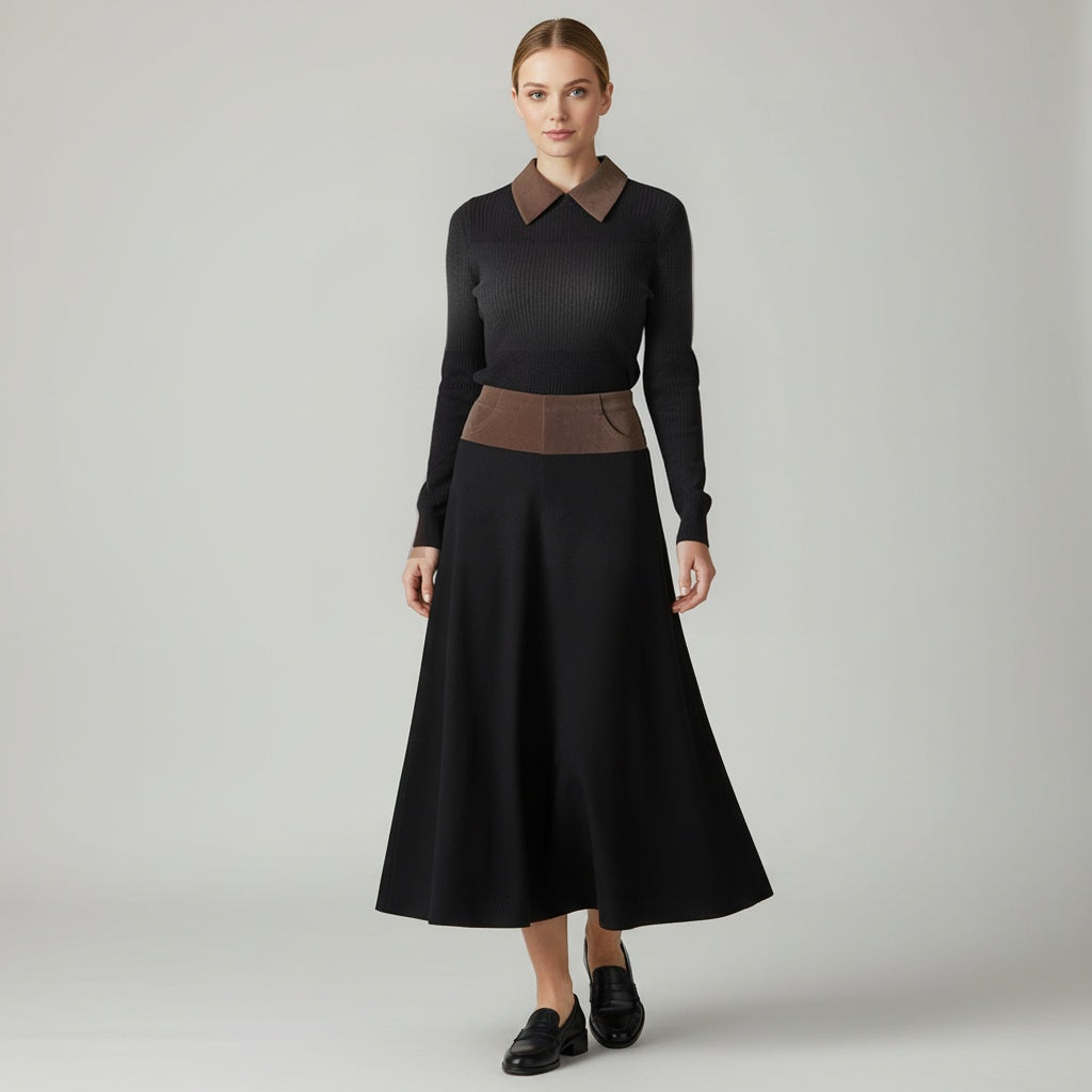PAR-SK578 BLACK MIXED MEDIA CORDUROY SKIRT