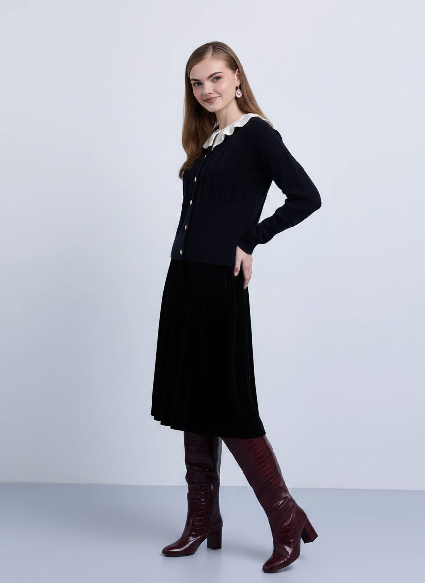 NOI-NR535 BURGUNDY VELVET BUCKLE SKIRT