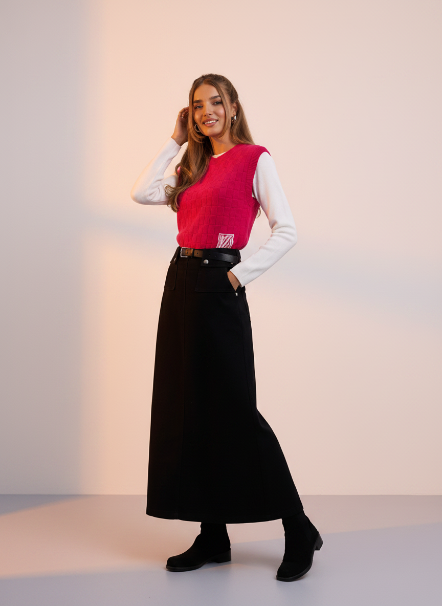 NOI-NR536 BLACK DENIM POCKETS SKIRT