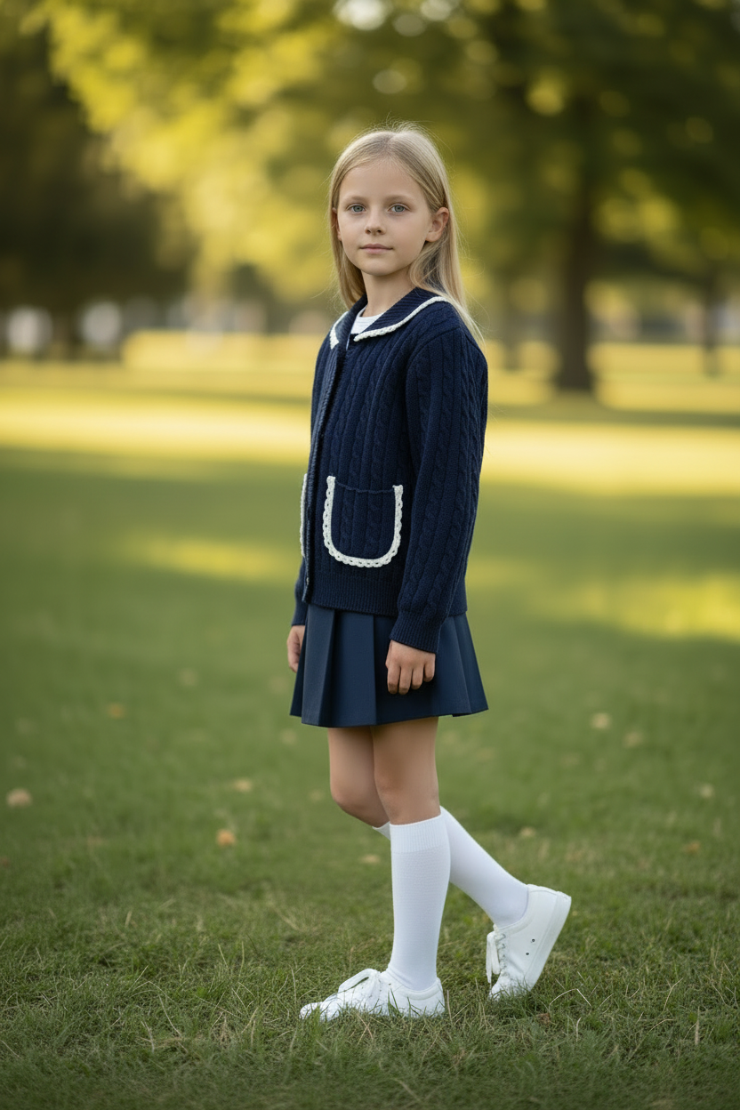 PHK-I9H802 NAVY CABLE KNIT TRIMMED CARDIGAN
