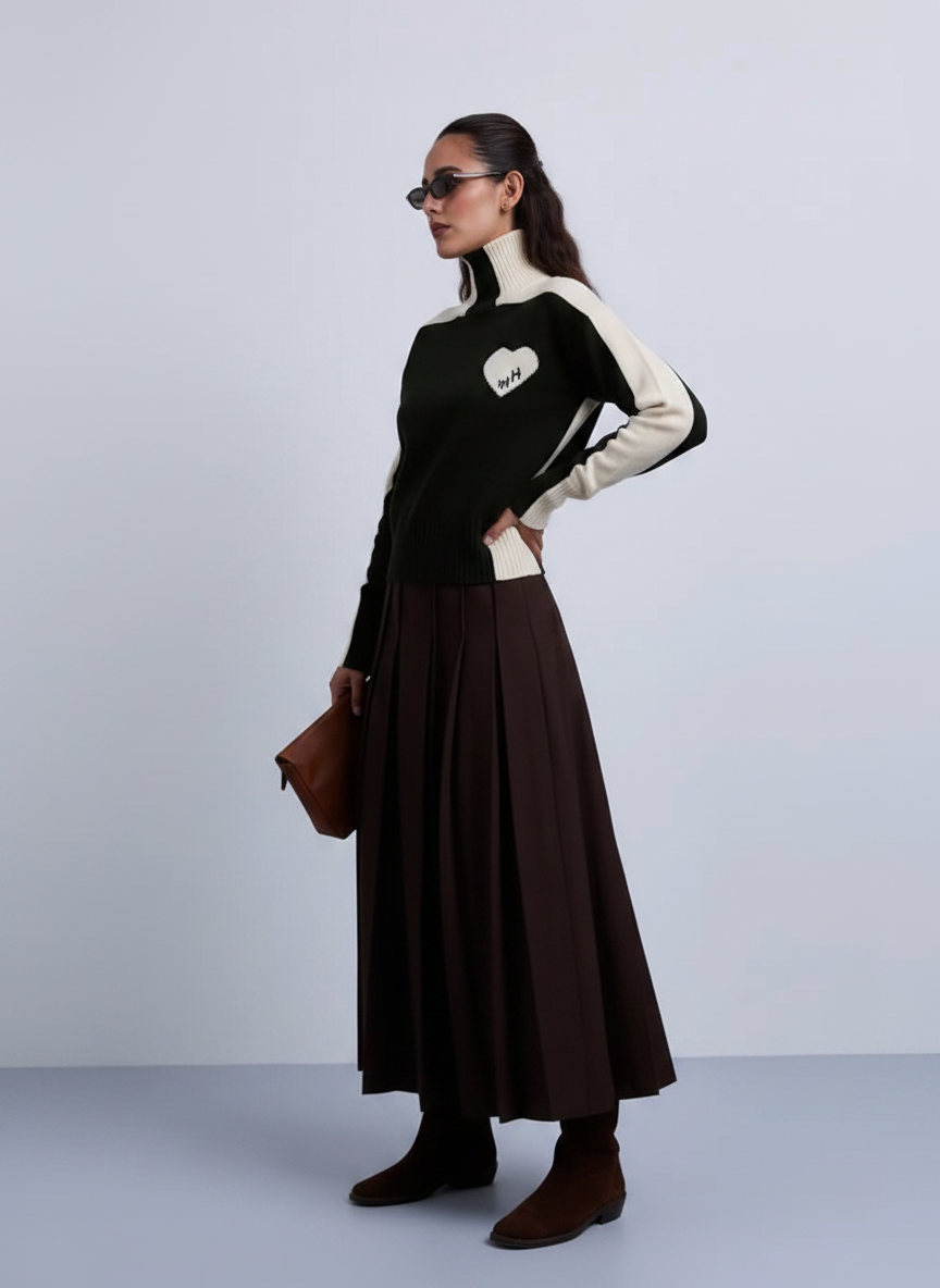 NOI-NR521 BROWN PLEATED WOOL BELT SKIRT