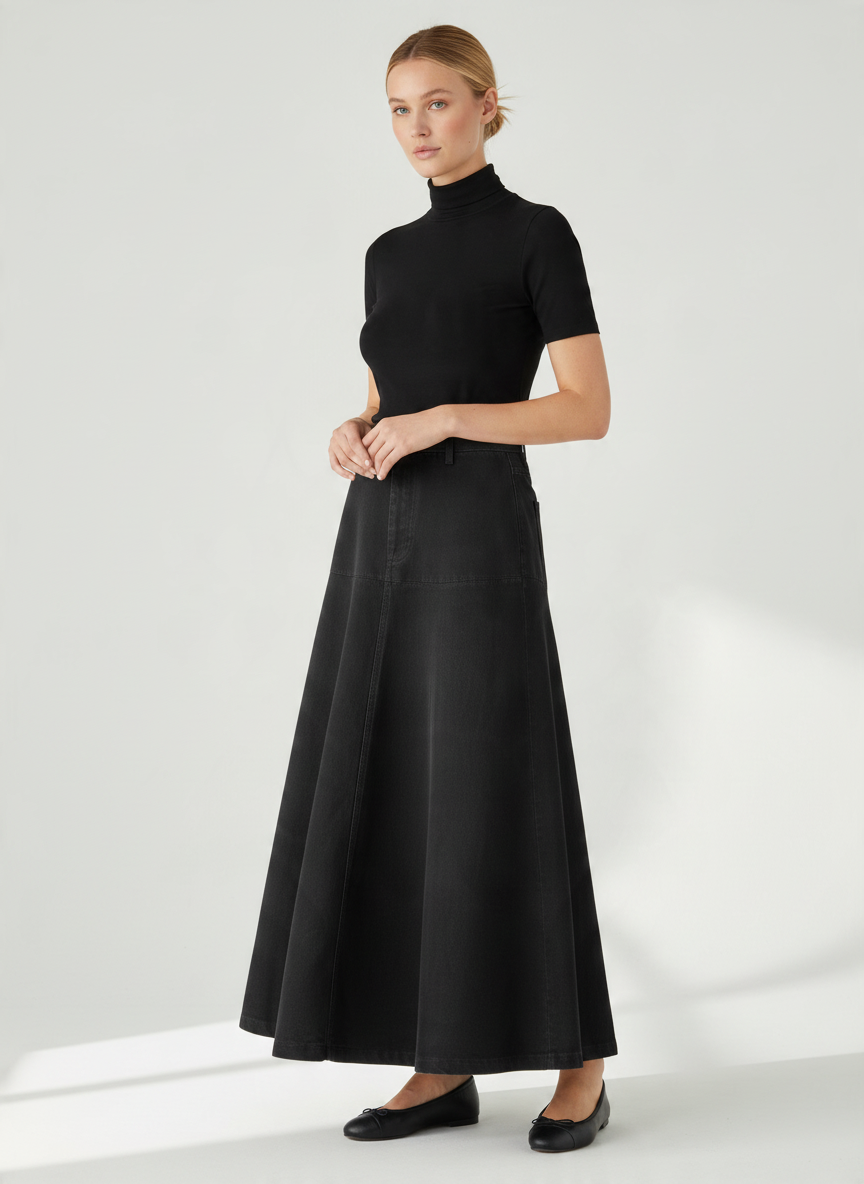 INO-M2-1407W AW26 BLACK DENIM ZIP FLY SKIRT