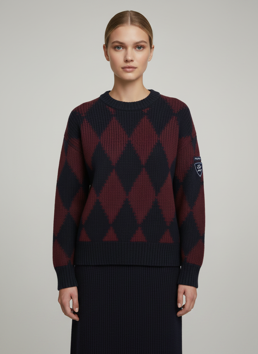 PAR-T563 NAVY ARGYLE KNIT TOP