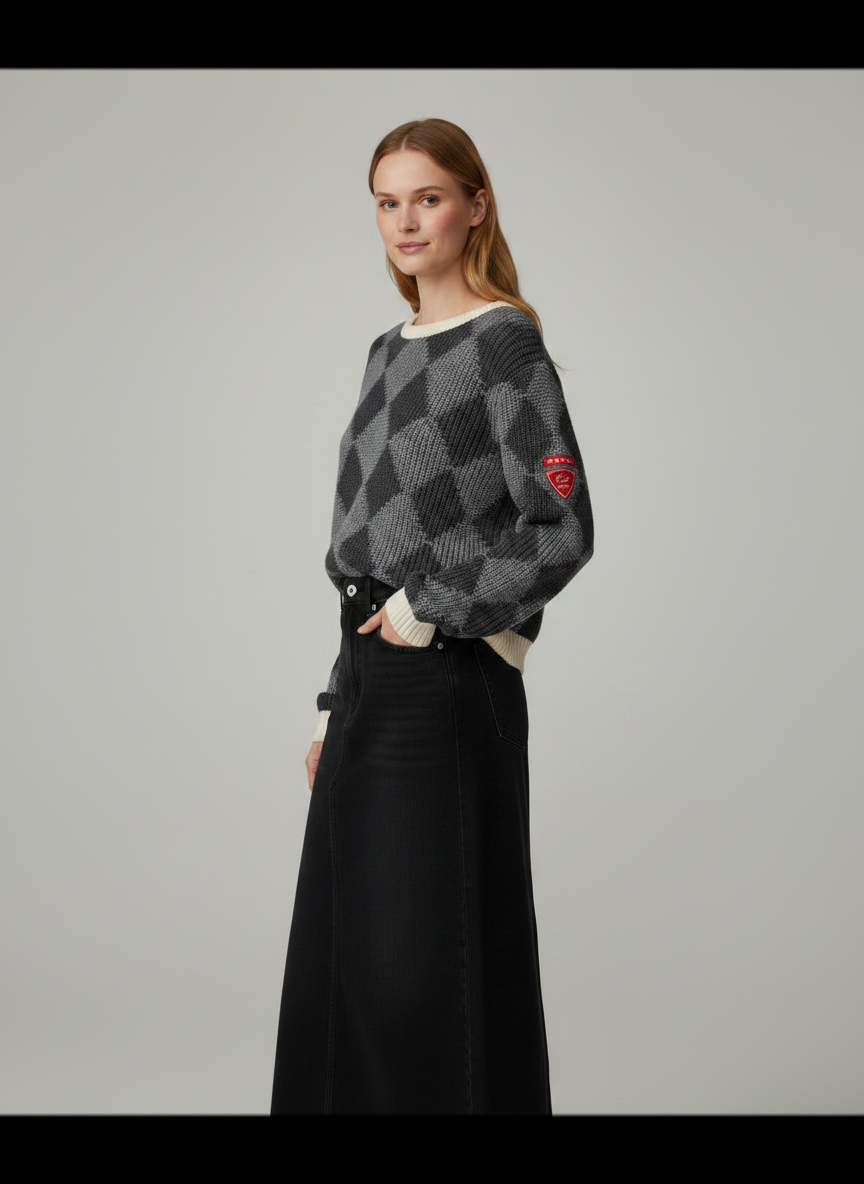 PAR-T563 GREY ARGYLE KNIT TOP