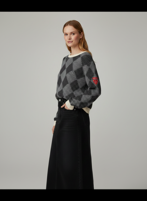 PAR-T563 GREY ARGYLE KNIT TOP