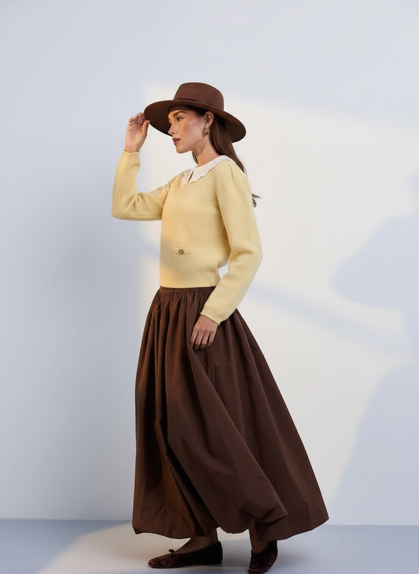 NOI-NR529 BROWN TAFFETA BUBBLE SKIRT