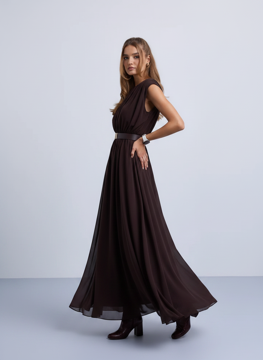 NOI-H4092 BROWN GATHERED BELT DRESS