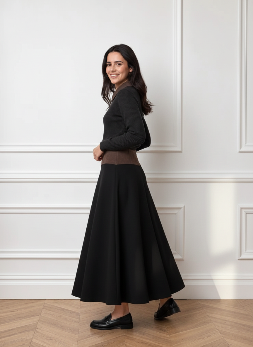 PAR-SK578 BLACK MIXED MEDIA CORDUROY SKIRT