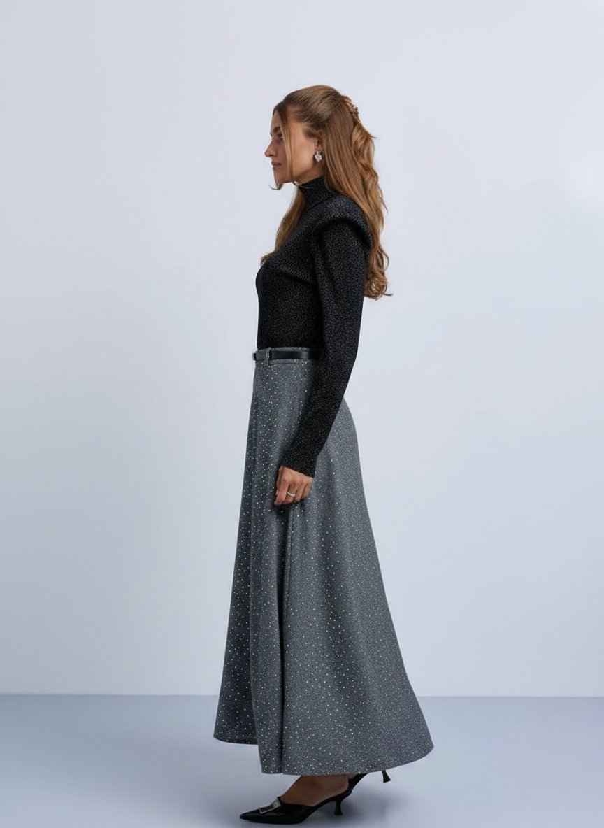 NOI-NR538 GREY TWEED CLASP BELT SKIRT