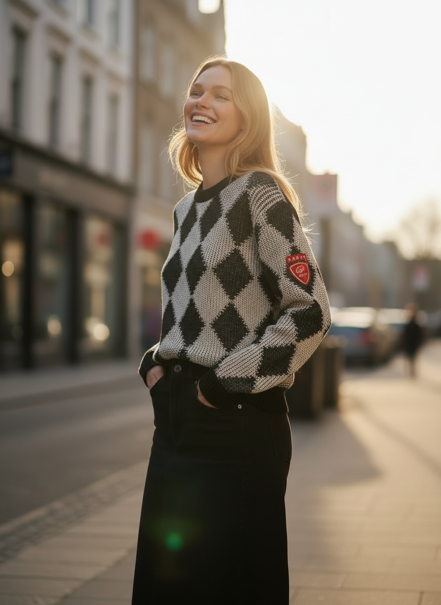 PAR-T563 BLACK ARGYLE KNIT TOP