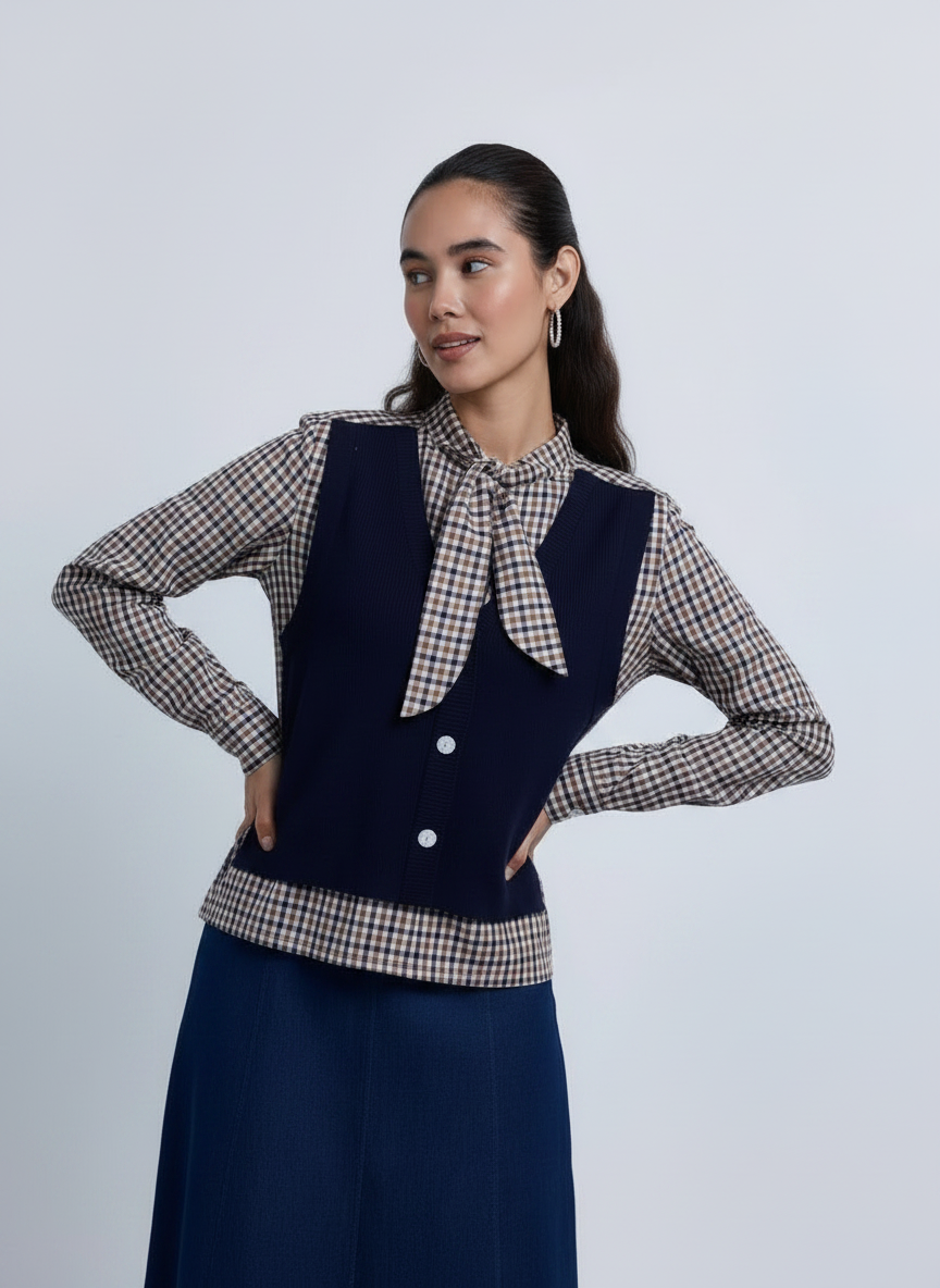NOI-NR530 BLUE&BROWN CHECKED KNIT BLOUSE