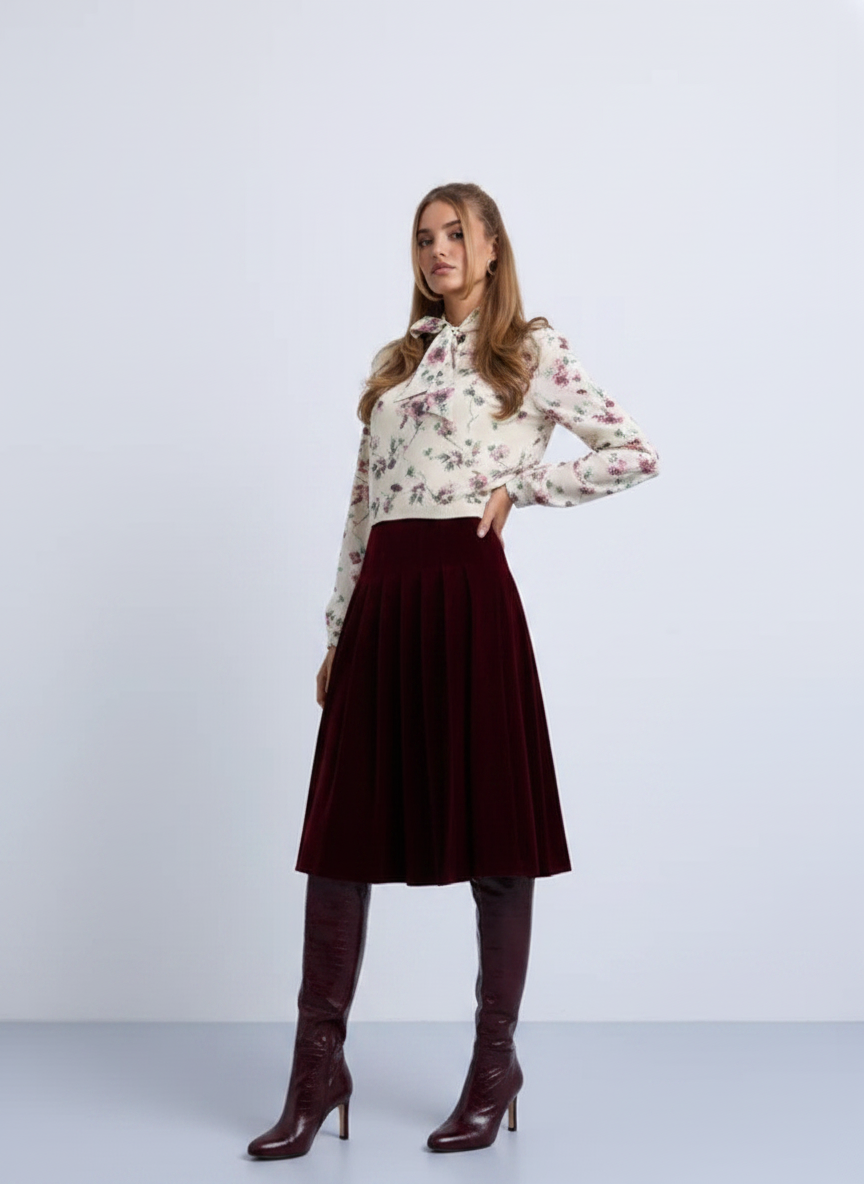 NOI-NR535 BURGUNDY VELVET BUCKLE SKIRT