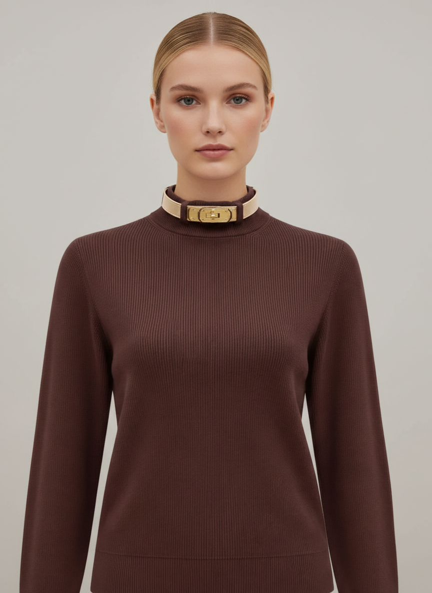 NOI-CH350 BLACK LEATHER NECK BELTED TOP