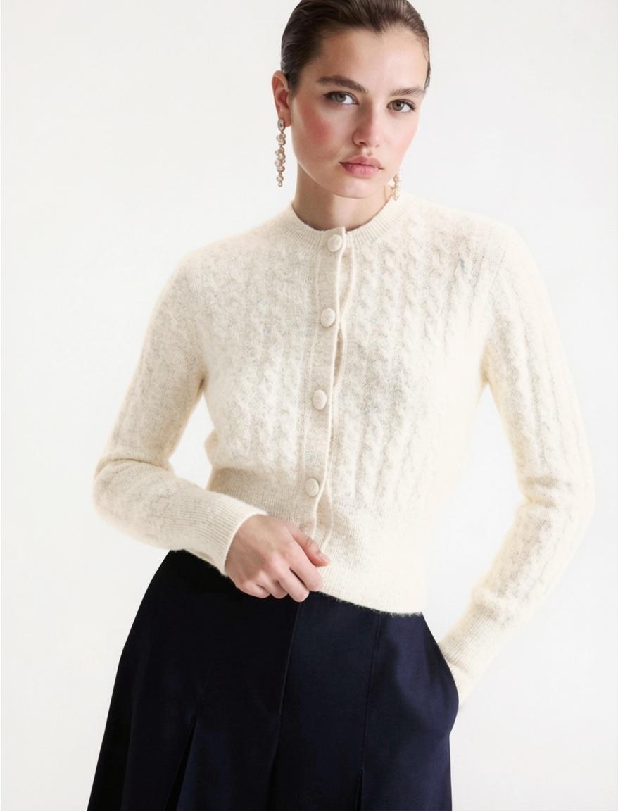 MRL-2623346082 MLLCERTA IVORY CABLE KNIT CARDIGAN
