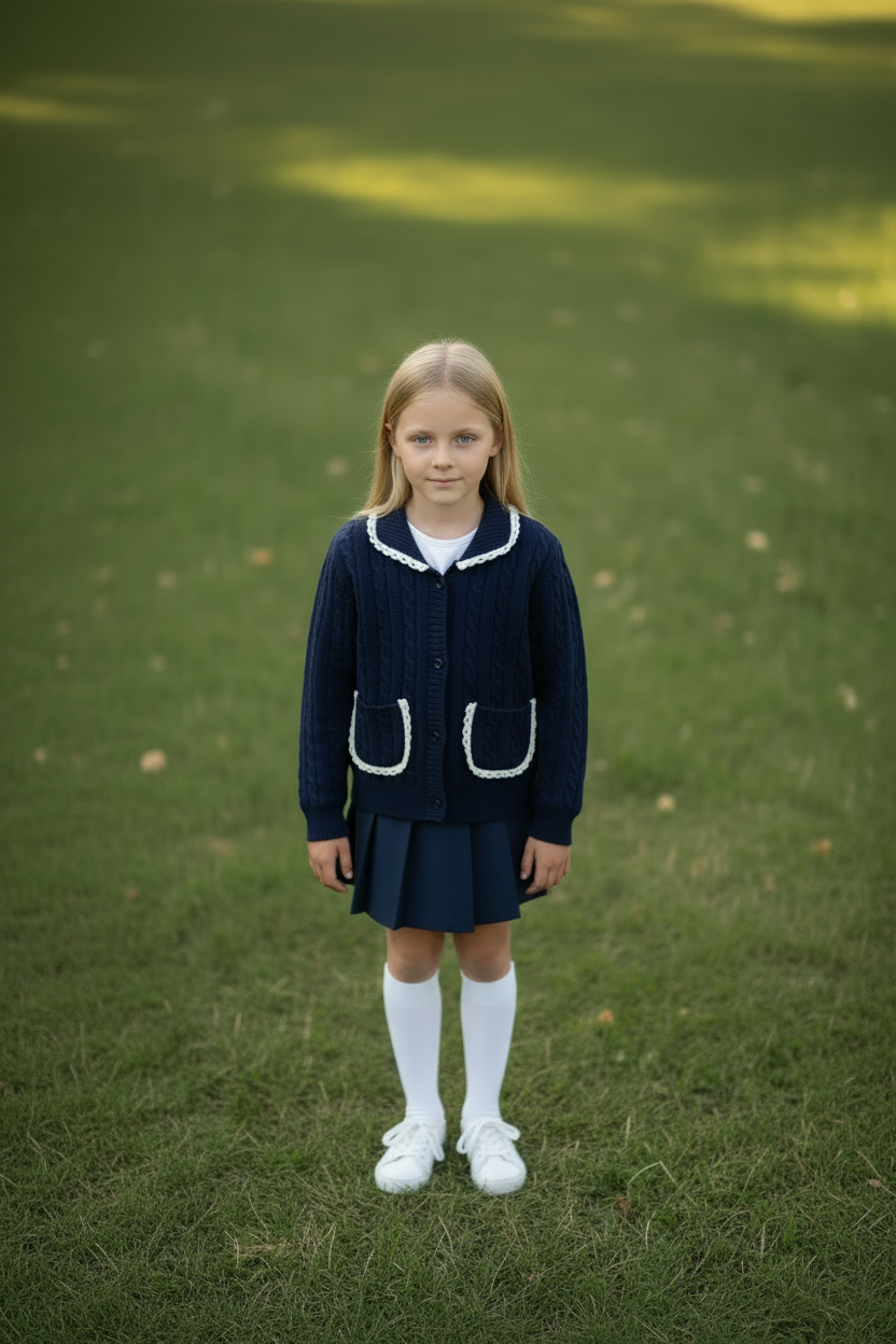 PHK-I9H802 NAVY CABLE KNIT TRIMMED CARDIGAN