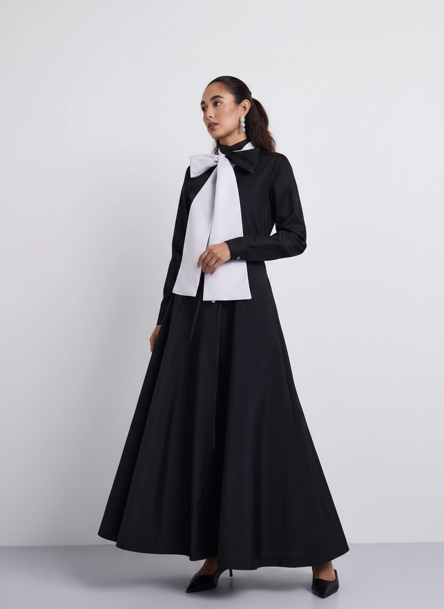 NOI-H4099 BLACK CONTRAST BOW TAFFETA DRESS