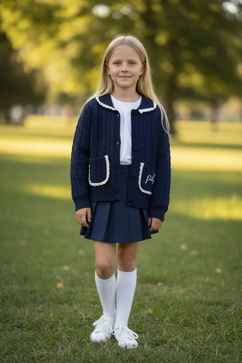 PHK-I9H802 NAVY CABLE KNIT TRIMMED CARDIGAN