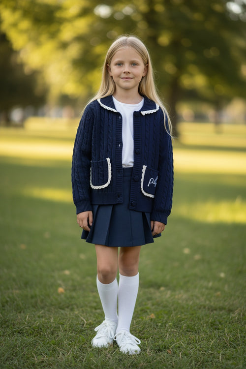 PHK-I9H802 NAVY CABLE KNIT TRIMMED CARDIGAN