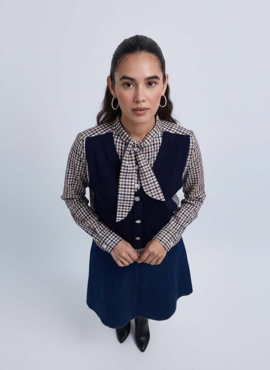 NOI-NR530 BLUE&BROWN CHECKED KNIT BLOUSE