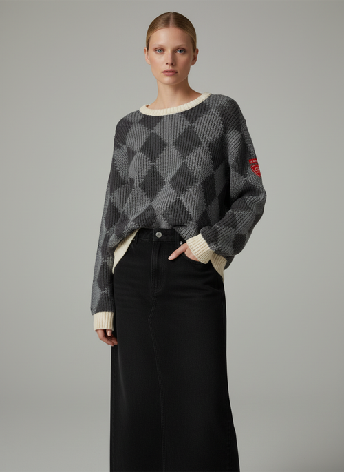 PAR-T563 GREY ARGYLE KNIT TOP