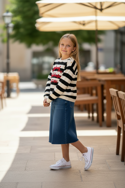 PHK-I9H616 BLACK&IVORY STRIPED LETTERING TOP