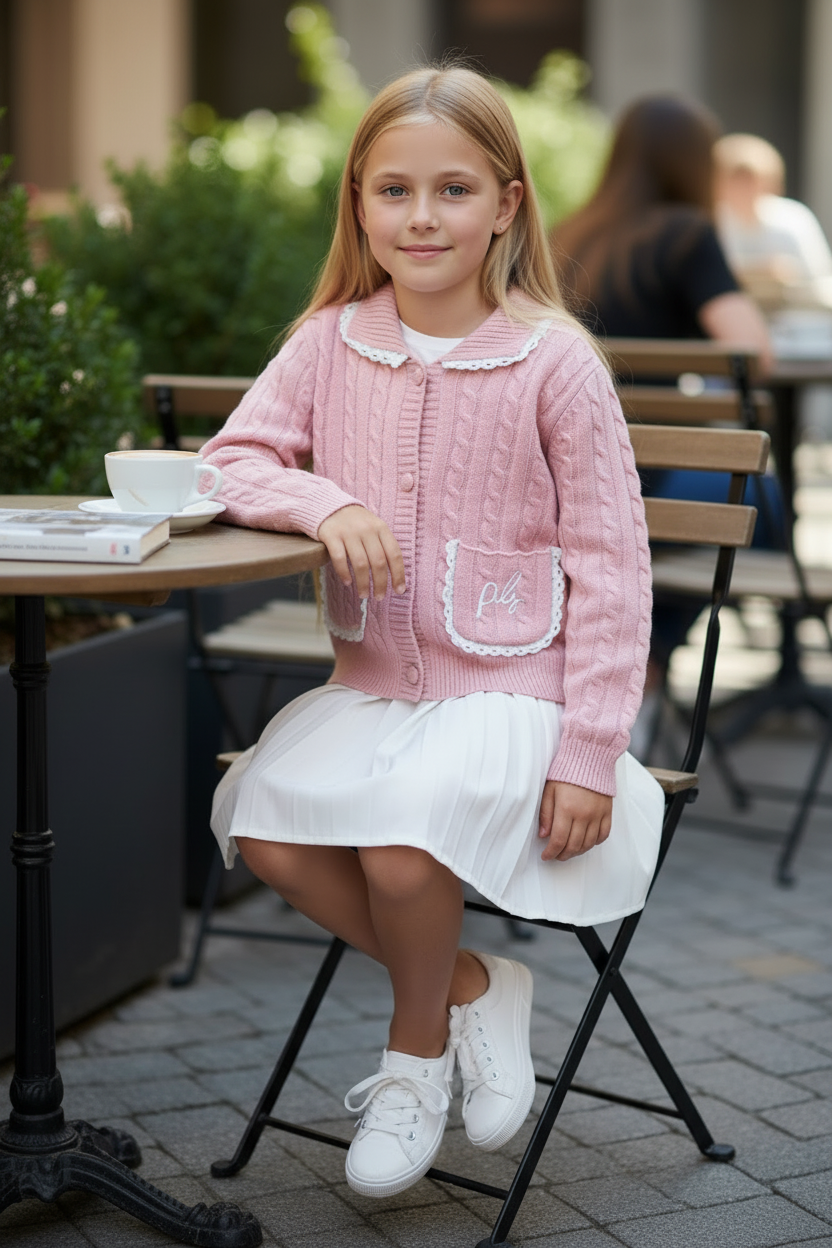 PHK-I9H802 PINK CABLE KNIT TRIMMED CARDIGAN